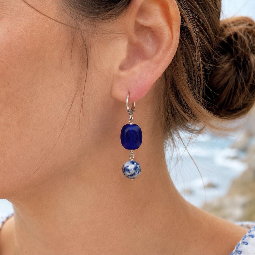 Cobalt Blue Sodalite & Czech Glass Earrings, Coastal Beaded Dangle